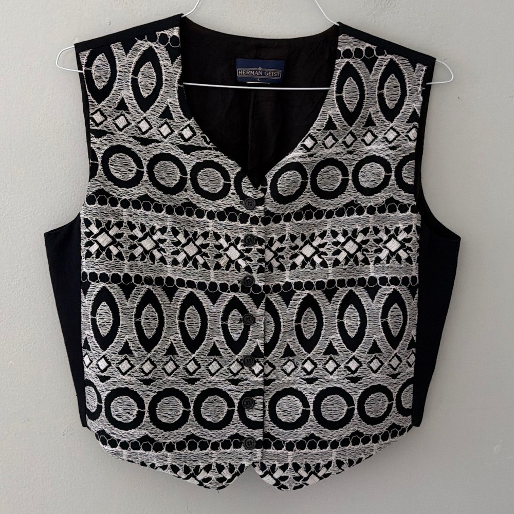 Herman Geist Vintage Black White Geometric Embroidered Button Front Vest Large